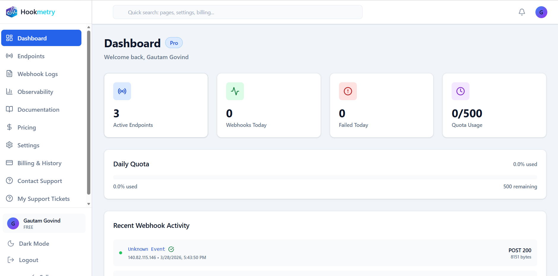 Hookmetry Webhook Inspection Dashboard